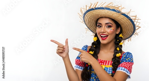 Beautiful woman in festa junina outfit pointing to copy space for your advertisement or promotion festa junina - june festivals