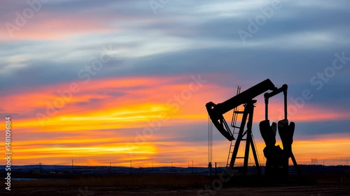 The silhouette of an oil pump against a breathtaking sunset sky underscores the interplay between nature and industry, creating a dramatic visual representation of energy production.