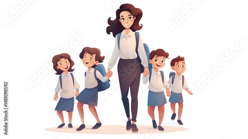 Professional Cartoon Illustration of Woman Teacher with Girls and Boy Students for Education Concept