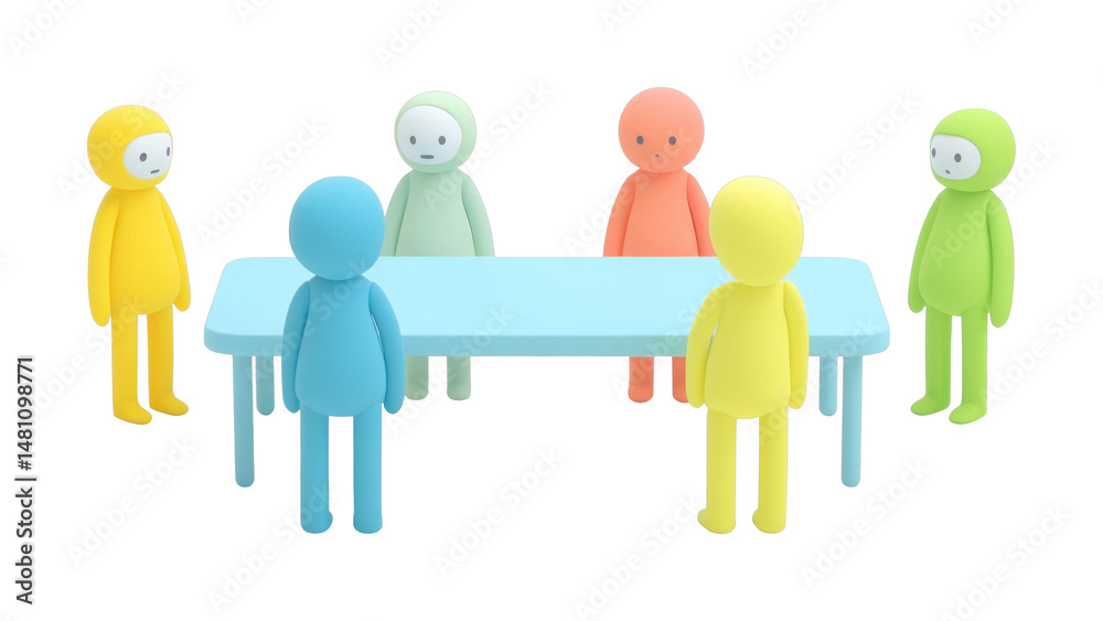 Fototapeta premium Colorful characters gather around table having a meeting, cut out - stock png.