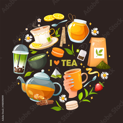 Teatime symbols collection in round shape includes various tea types in different crockery, sweets, etc. and lettering I love tea isolated on dark background.

