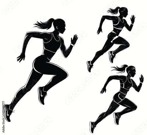 Female Runner Silhouette Set – Athletic Women Running in Motion Poses Representing Fitness, Speed, and Sports Training
