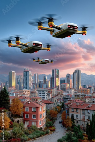 A wide shot of a fleet of drones delivering packages across a futuristic city