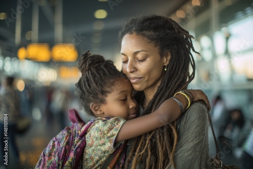 Woman hugs her daughter tightly at airport, emotional scene
