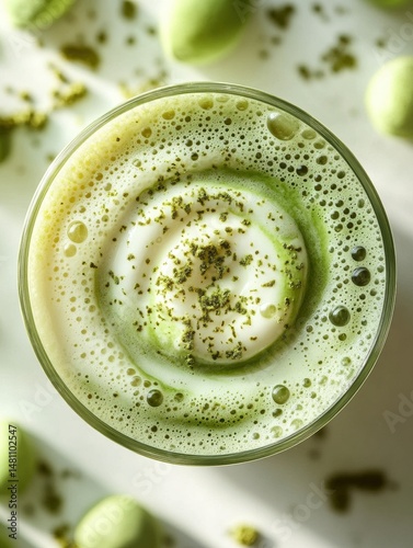 Macro shot from top to bottom of matcha and milk forming a spiral pattern in a glass