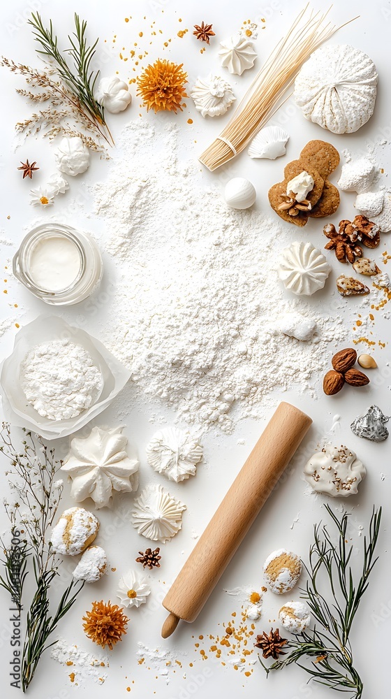 White Christmas Cookies Flatlay with Rolling Pin and Flour White Christmas Cookies Flatlay with Rolling Pin and Flour
