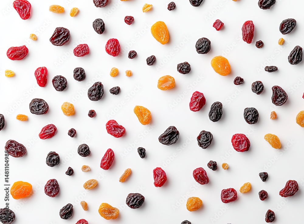 Assorted dried raisins scattered on white background Assorted dried raisins scattered on white background