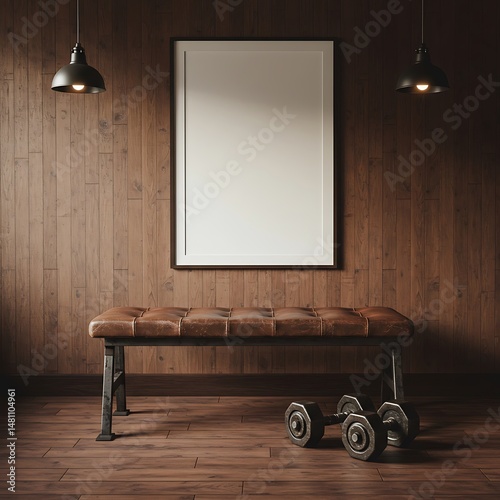 Rustic gym scene with bench  poster