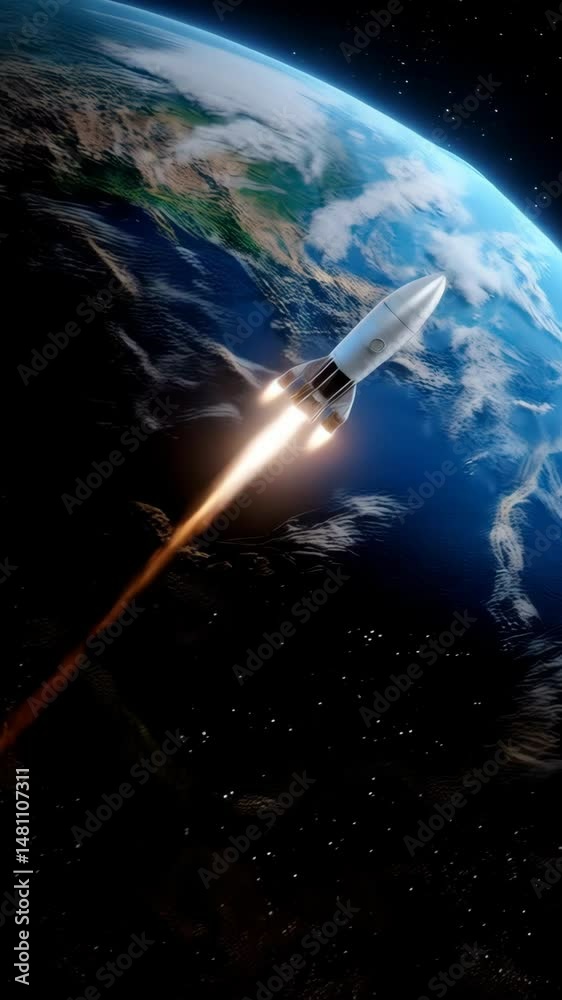 Rocket blasting off from earth into the dark star speckled sky, propelling with a trail of fire, a symbol of space travel and future.