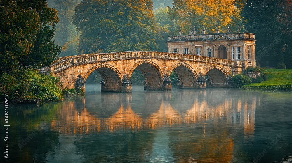 Fototapeta premium Stone bridge over misty river, autumnal colors