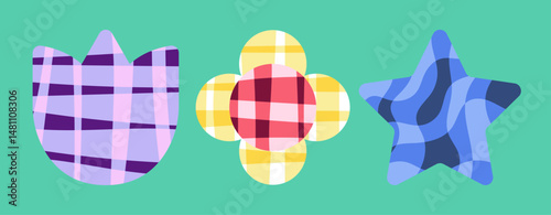 vector objects - tulip star and flower - colorful checkerboard pattern