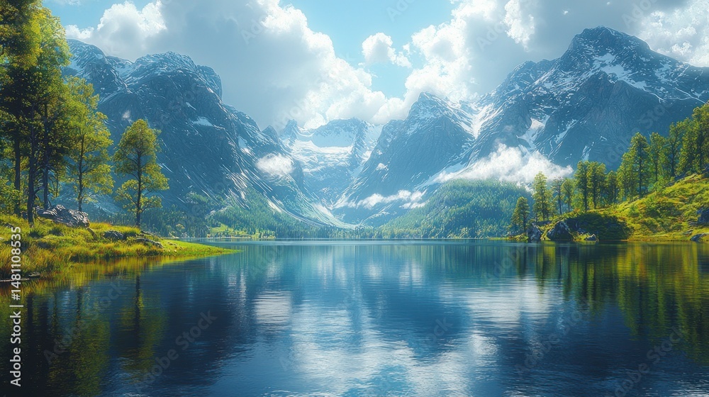 Fototapeta premium Serene mountain lake reflecting a cloudy sky