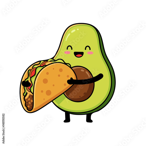 Adorable kawaii avocado character cheerfully hugging a taco friend, a playful and cheeky food art illustration with happy, expressive personalities