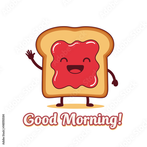 A cheerful kawaii toast character with jam, smiling and waving a good morning greeting. Playful and cheeky breakfast food art illustration for happy designs