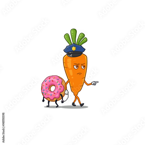 A funny carrot police officer character escorting a sad donut, cheeky food art illustration with expressive personalities, whimsical and cute for prints
