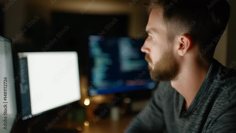 A thoughtful man sits in a dimly lit environment, deeply focused on his computer screen, embodying dedication and the modern work-life balance challenges in tech fields. A thoughtful man sits in a dimly lit environment, deeply focused on his computer screen, embodying dedication and the modern work-life balance challenges in tech fields.