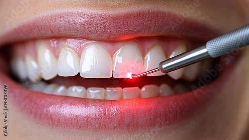 Wallpaper Mural Dental laser treatment close up on woman's teeth with white smile view Torontodigital.ca