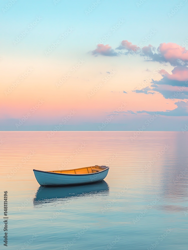 Naklejka premium Serene sunrise over calm water, single rowboat gently floats, peaceful pastel sky, tranquil scene.