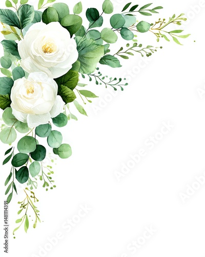 elegant watercolor floral frame with white roses, eucalyptus leaves and soft green foliage, delicate corner arrangement on cream background