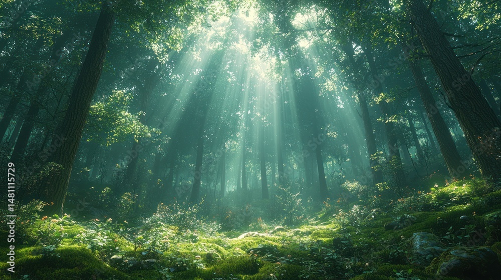 Fototapeta premium Sunbeams pierce mystical forest floor