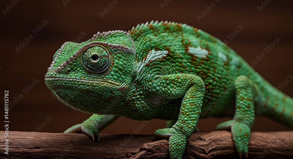 Fototapeta premium Vibrant green chameleon on branch detailed reptile wildlife close up