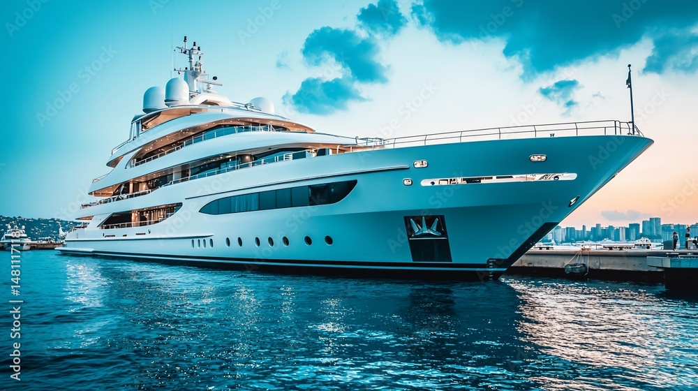 Fototapeta premium Large, multi-decked yacht docked with buildings visible against blue sky and water