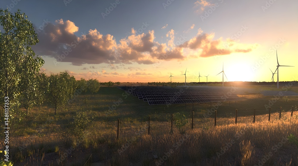 Renewable Energy Farm with Rows of Solar Panels and Wind Turbines Renewable Energy Farm with Rows of Solar Panels and Wind Turbines