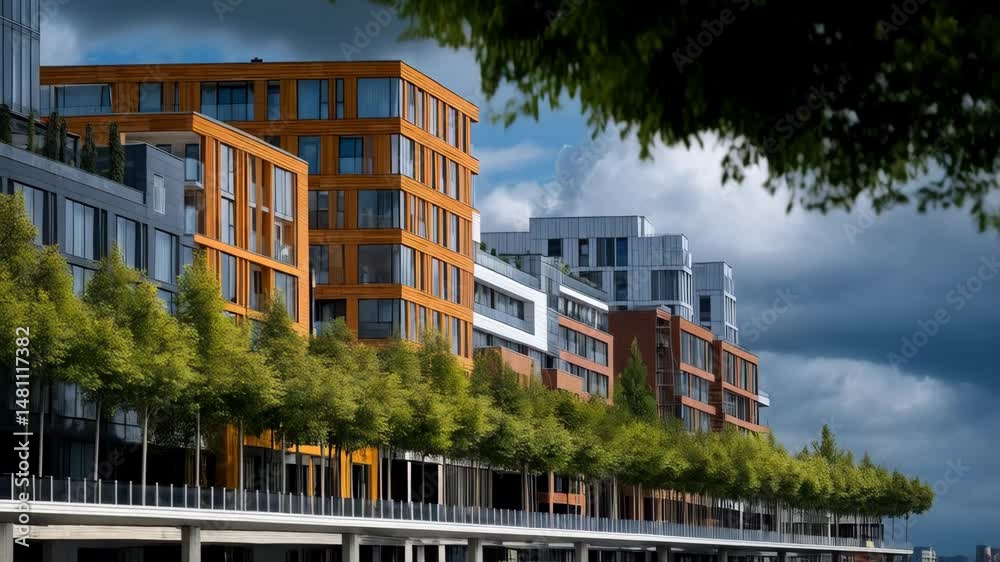 Contemporary architecture with wooden exterior, clean lines, modern design, and vibrant trees lining the street below on a cloudy day Contemporary architecture with wooden exterior, clean lines, modern design, and vibrant trees lining the street below on a cloudy day