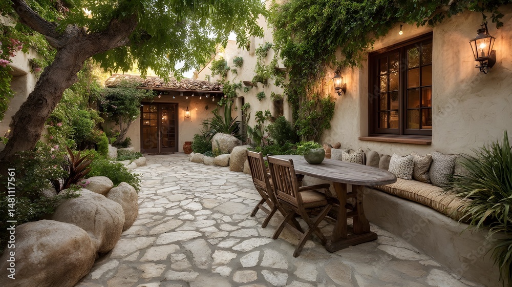 Obraz premium Transform Outdoor Living with a Chic Patio Featuring Textured Stucco Walls and Rustic Flagstone Flooring