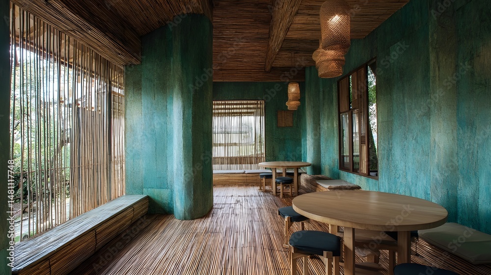 Naklejka premium Teahouse featuring rice paper walls and bamboo flooring creating serene ambiance for relaxing tea ceremonies