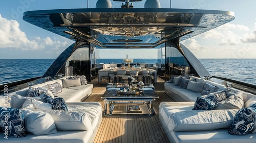 Luxurious yacht aft deck with expansive seating, dining area, and sleek design