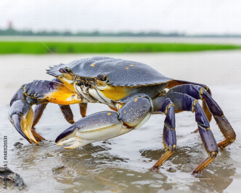 Close-Up of a Blue Crab on Wet Sand with Natural Background Close-Up of a Blue Crab on Wet Sand with Natural Background