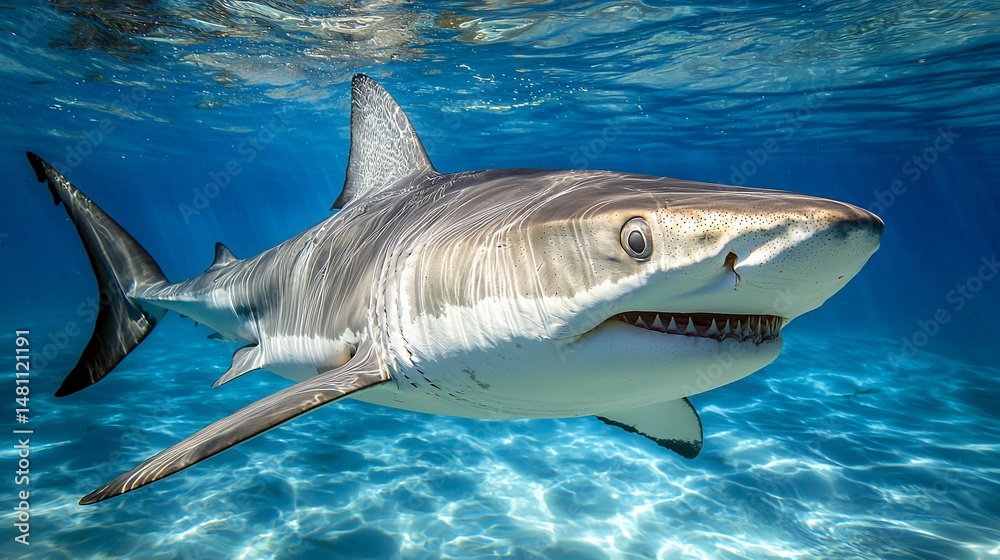Fototapeta premium Underwater shot of a grey reef shark swimming in clear blue water