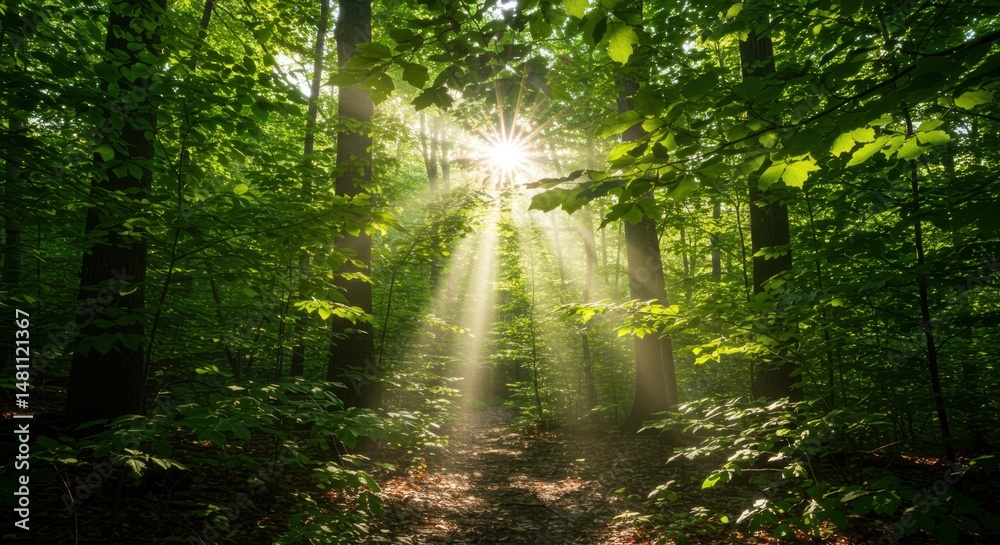 Fototapeta premium Sunlit forest path representing natural beauty and tranquility, with green foliage and bright rays