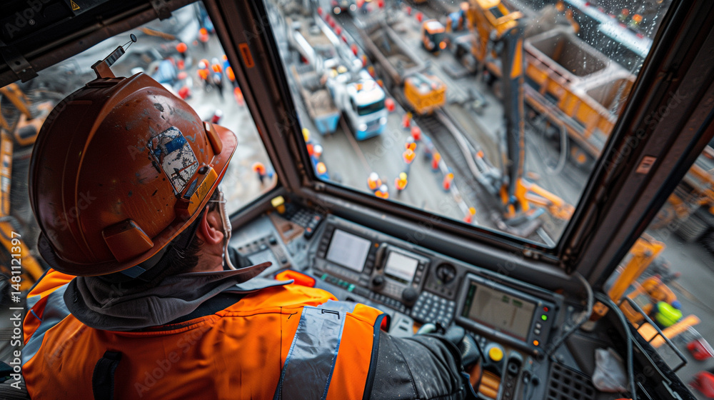 Fototapeta premium Crane Operator Overseeing Busy Construction Site from Cabin