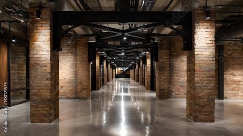 Explore an empty industrial chic loft hallway with exposed brick lighting and contemporary style touches