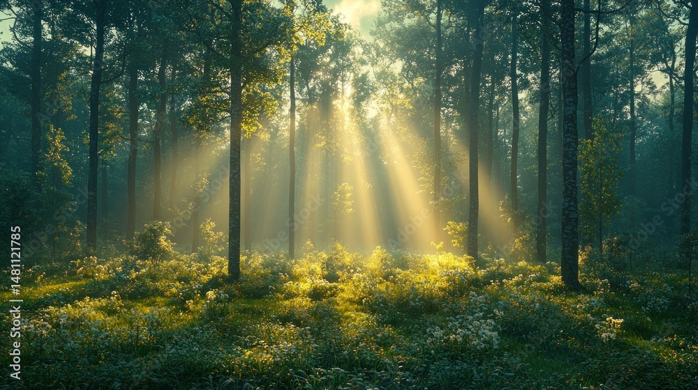 Obraz premium Misty forest bathed in sunlight (3)