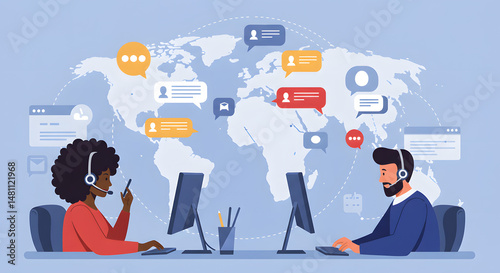Global Customer Support: Man and woman with headsets provide customer service from computers against a world map backdrop, chat bubbles.