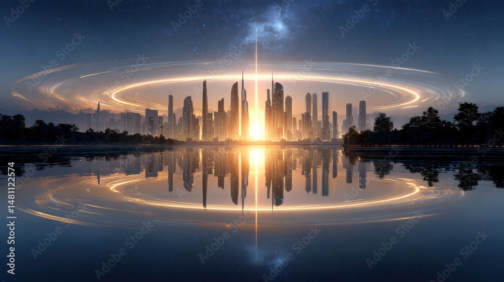 Fototapeta premium Futuristic city skyline with glowing rings and a dramatic sunrise reflected on a calm lake under a starry sky.