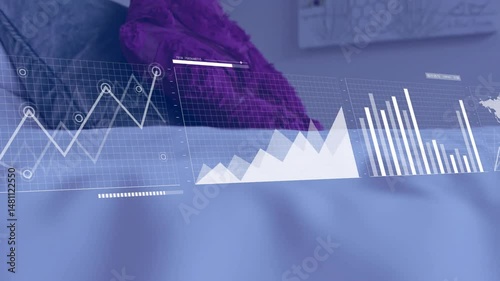 Transparent data charts projecting above bed, displaying grid, mountain, bar and world map visuals