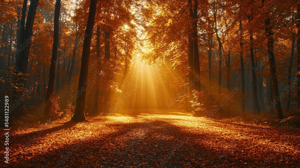 Obraz premium Golden sunlight streams through autumn forest (2)