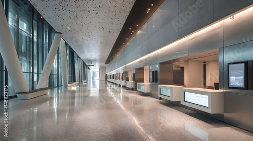 Step into Futuristic Empty Science Museum Lobby Featuring Interactive Exhibits, Titan Displays, Futuristic Architectural Lighting
