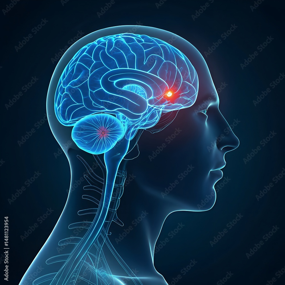 Obraz premium Illuminated Brain Anatomy Profile View Showing Neural Pathways and Focal Point