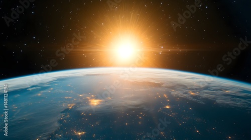 Celestial view of earth bathed in sunlight.