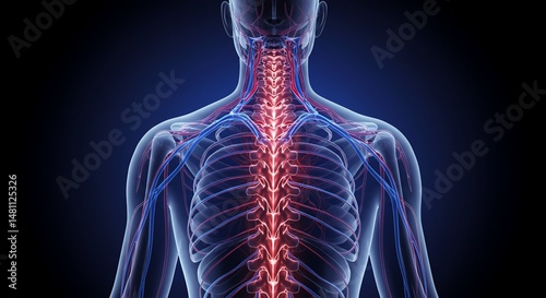 Human spine and circulatory system illuminated