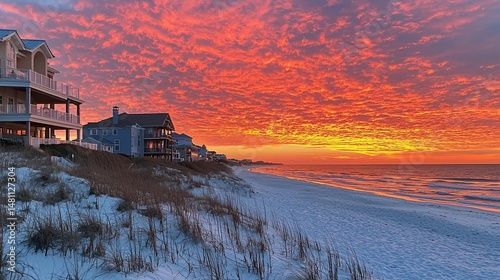 Fiery sunset over beach houses and dunes
