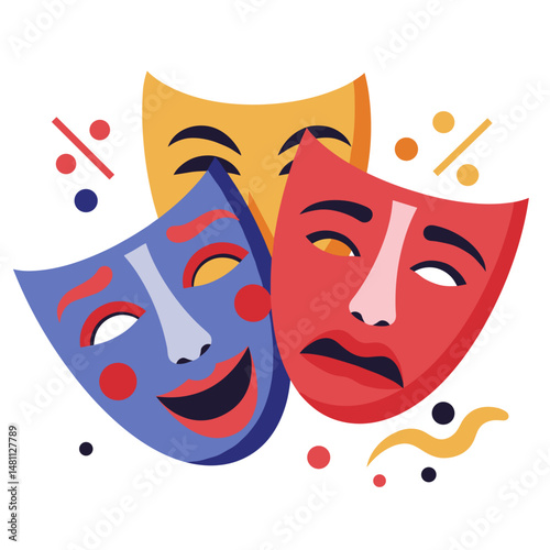 Colorful Theater Masks Illustration Set. Comedy and Tragedy concept, Colorful, Performance and Entertainment, Design Asset, Icon