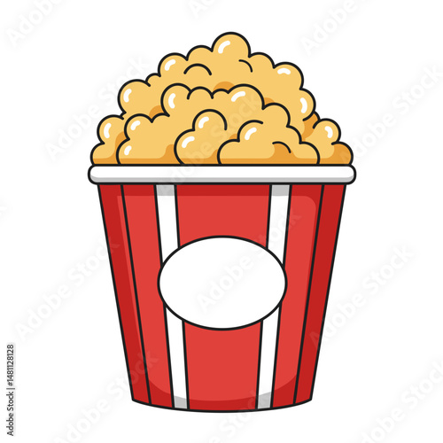 Red Popcorn Bucket Icon. Filled with fluffy popcorn, movie night and cinema snack, red and white colors, entertainment, design asset