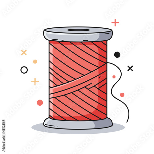 Red Sewing Thread Spool with Needle. On white background, red and white colors, crafting and hobby concept, sewing icon, design asset 