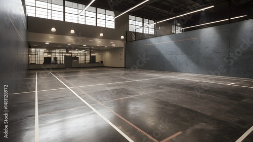 Regulation racquetball court with marked service box and flooring designed for competitive indoor racquet sports